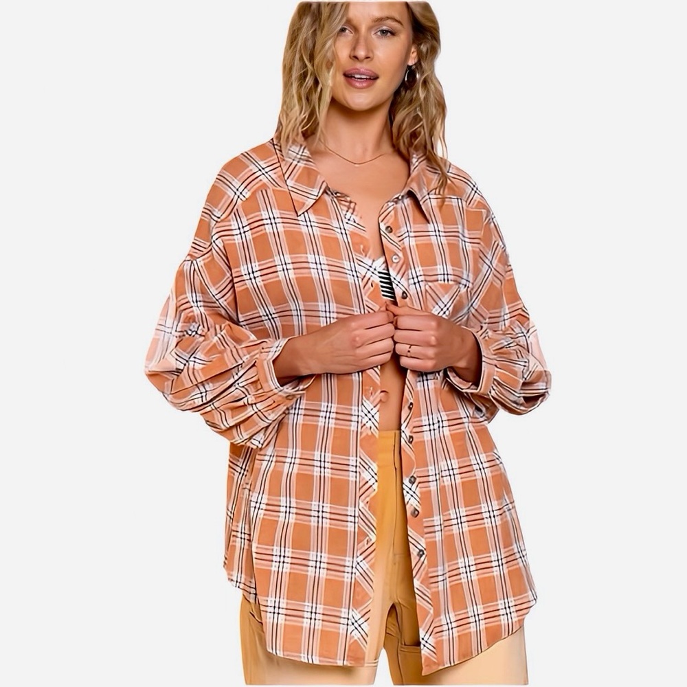 POL Ballon Sleeve Plaid Top